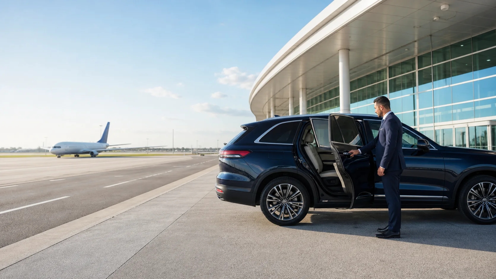 Professional driver opening a private vehicle beside a modern airport terminal