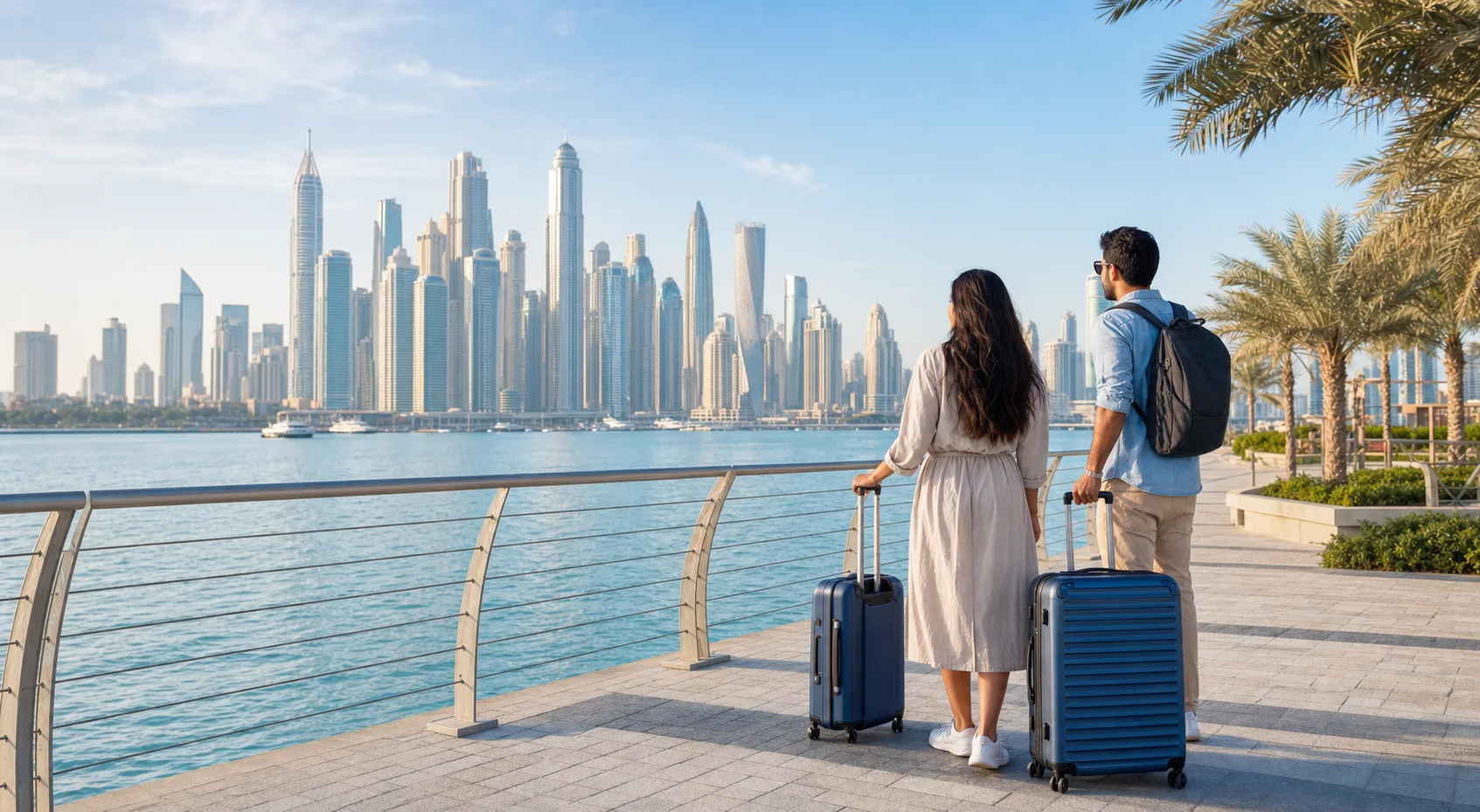 Travelers with luggage looking across the water toward the Dubai skyline