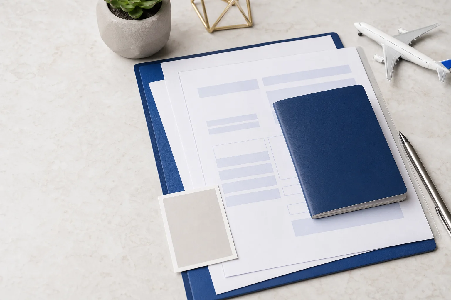 Generic blank travel application papers, blue passport-style booklet and miniature airplane