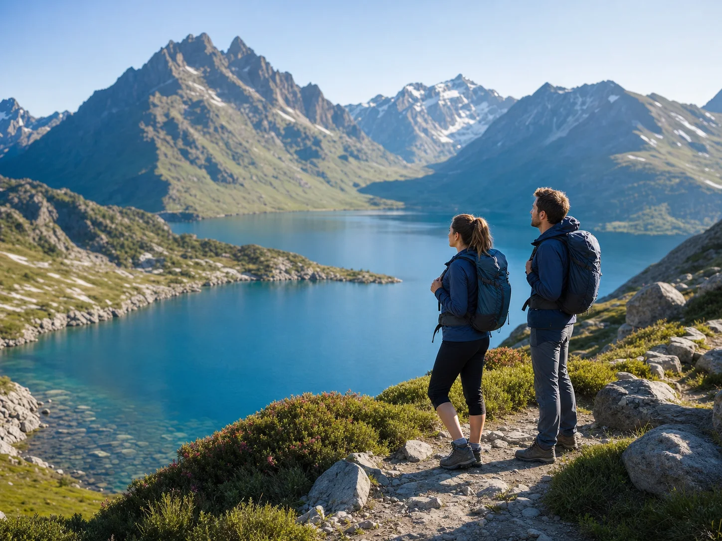 Travelers overlooking a clear alpine lake and mountain landscape