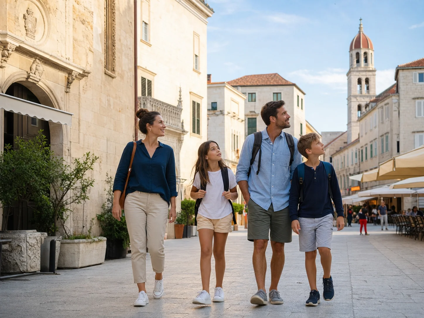 Family exploring a warm stone old-town street during an international holiday