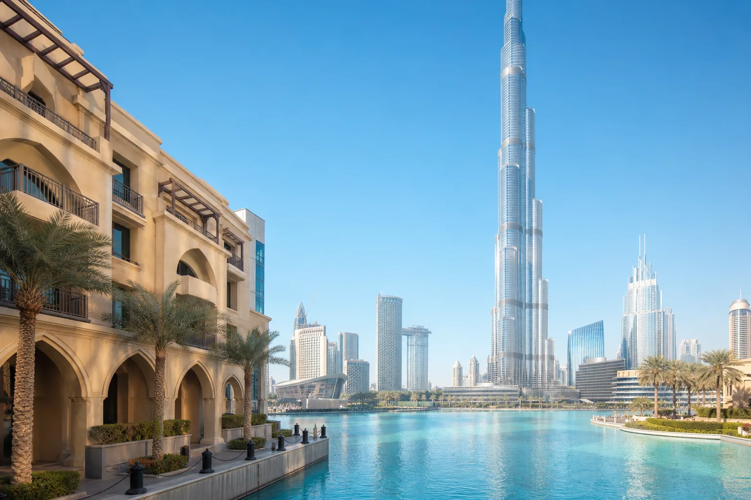 Burj Khalifa and Dubai waterfront in daylight