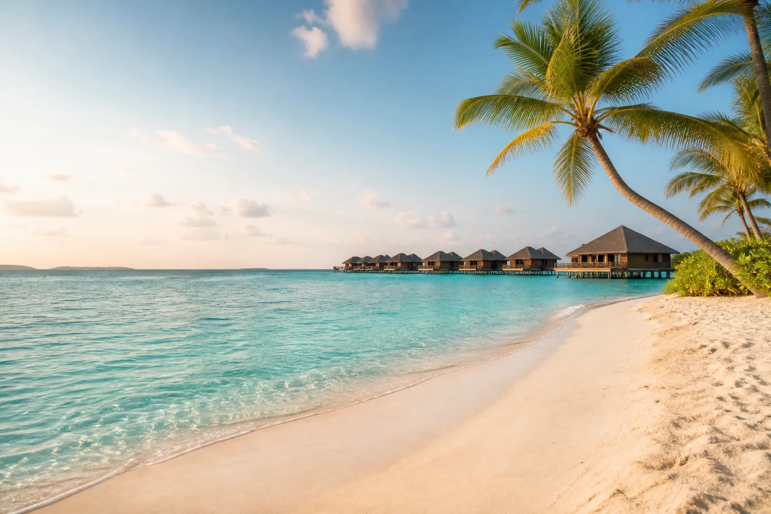 Turquoise tropical beach and overwater villas