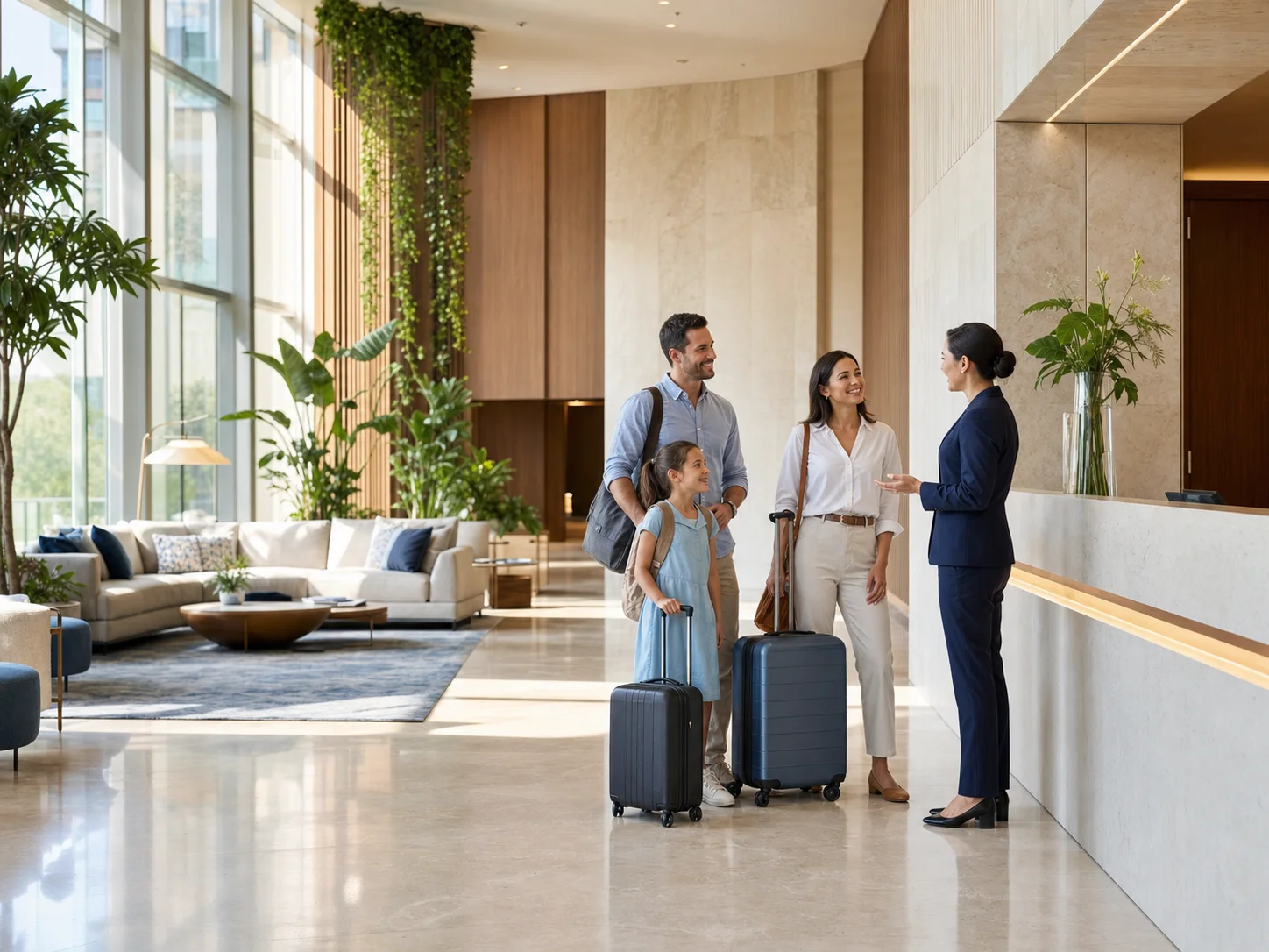 A family arriving with luggage and receiving assistance in a bright hotel lobby