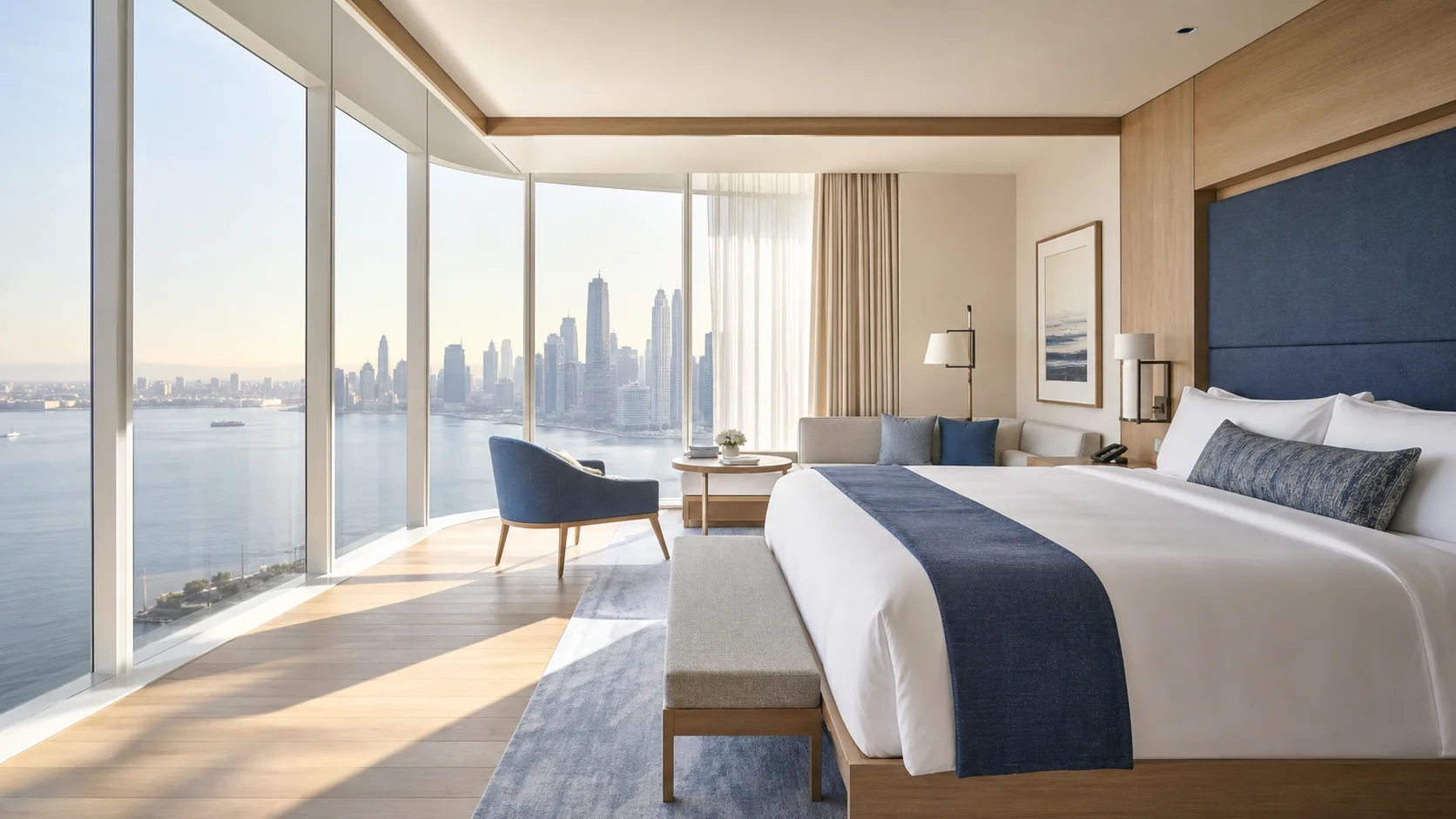 Bright contemporary hotel suite with blue accents and a waterfront city view