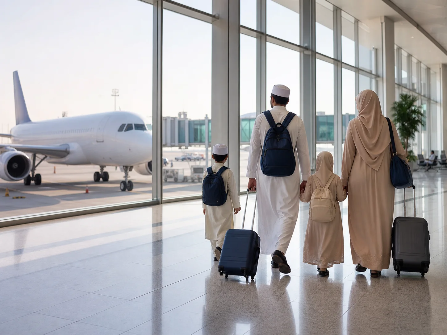 A modestly dressed family traveling through an airport for their journey
