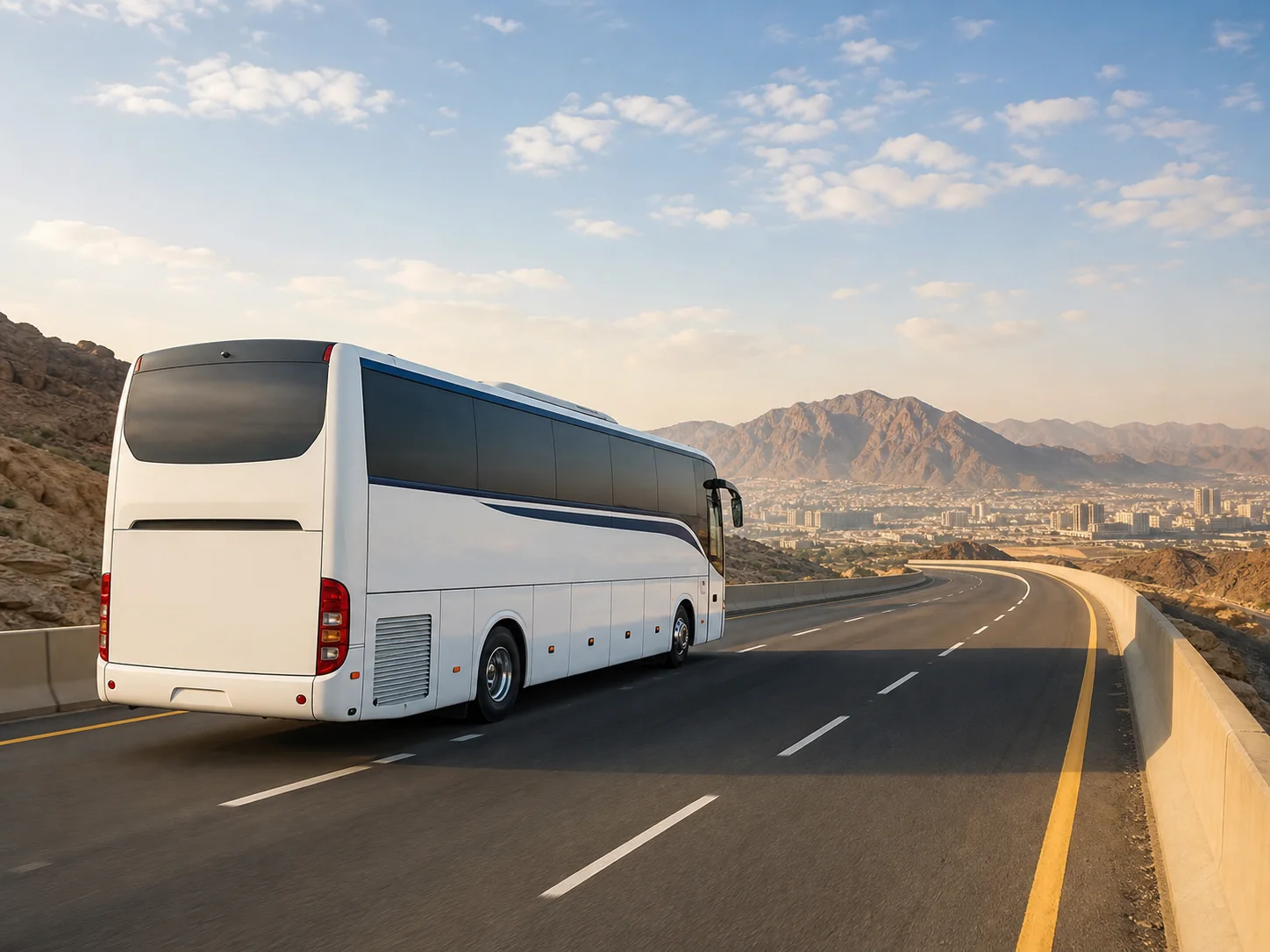 Modern coach traveling through the mountain landscape near Makkah