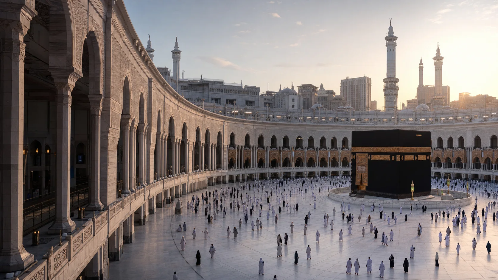 The Kaaba and pilgrims in the courtyard of Masjid al-Haram at dawn